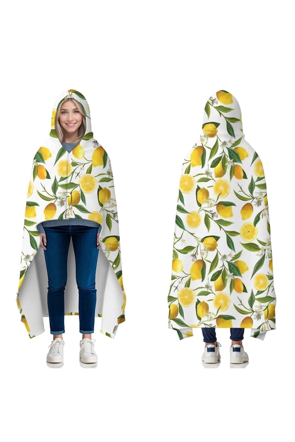 Wearable Blanket,Yellow Lemon Fruit Flowers White Pattern Hooded Wearable Flannel Blanket for Adults & Teens with Buckle,Winter Poncho Shawl Wrap Cape,50"x60"