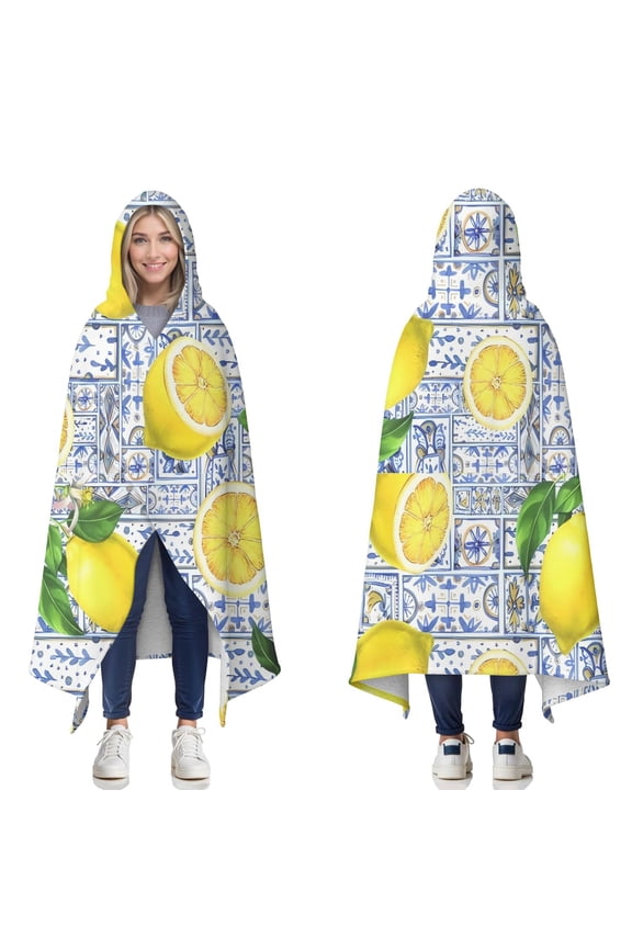 Wearable Blanket,Yellow Lemon Fruit Tiles Blue Pattern Hooded Wearable Sherpa Blanket for Adults & Teens,Winter Poncho Shawl Wrap Cape Thick Warm,50"x60"