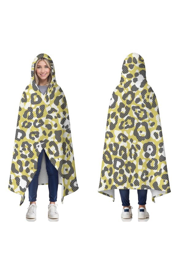 Wearable Blanket,Yellow Leopard Print Pattern Hooded Wearable Sherpa Blanket for Adults & Teens,Winter Poncho Shawl Wrap Cape Thick Warm,50"x60"