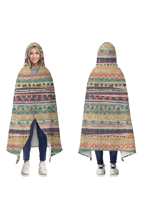 Wearable Blanket,Yellow and Pink Geometric Boho Pattern Hooded Wearable Flannel Blanket for Adults & Teens,Winter Poncho Shawl Wrap Cape Cozy Anti-Pill,50"x60"