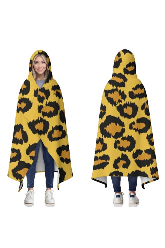 Wearable Blanket,Yellow and Black Of Leopard Print Hooded Wearable Sherpa Blanket for Adults & Teens,Winter Poncho Shawl Wrap Cape Thick Warm,50"x60"