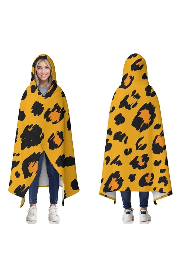 Wearable Blanket,Yellow and Black Of Leopard Print Hooded Wearable Sherpa Blanket for Adults & Teens,Winter Poncho Shawl Wrap Cape Thick Warm,60"x80"