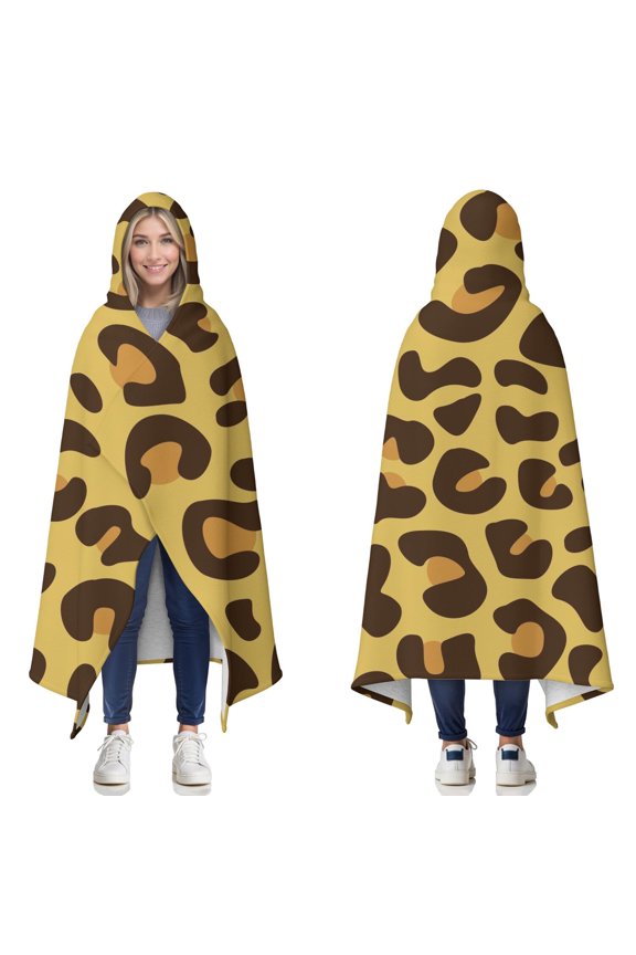 Wearable Blanket,Yellow and Brown Of Leopard Print Hooded Wearable Sherpa Blanket for Adults & Teens,Winter Poncho Shawl Wrap Cape Thick Warm,50"x60"