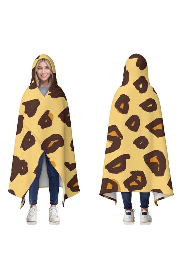 Wearable Blanket,Yellow and Brown Of Leopard Print Hooded Wearable Sherpa Blanket for Adults & Teens,Winter Poncho Shawl Wrap Cape Thick Warm,60"x80"