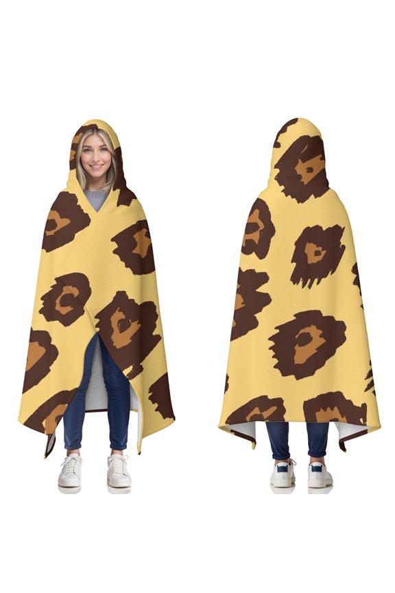 Wearable Blanket,Yellow and Brown Of Leopard Print Hooded Wearable Sherpa Blanket for Adults & Teens,Winter Poncho Shawl Wrap Cape Thick Warm,60"x80"