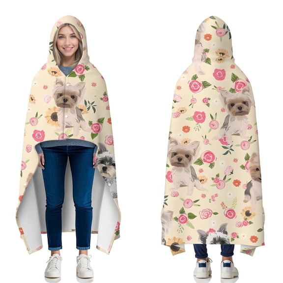 Wearable Blanket,Yorkie with Pioneer Flower Hooded Wearable Flannel Blanket for Adults & Teens with Buckle,Winter Poncho Shawl Wrap Cape,60"x80"