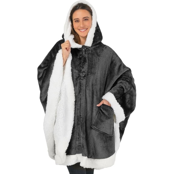 Wearable Blanket for Adult Women, Cozy Plush Fleece Blanket Poncho Cape with Hood, Super Soft Shawl, Angel Wrap Throw for Office, Dark Gray