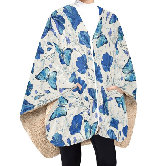 Wearable Blanket for Women Poncho Shawl with Zipper & Pockets Blue Butterfly and Flower