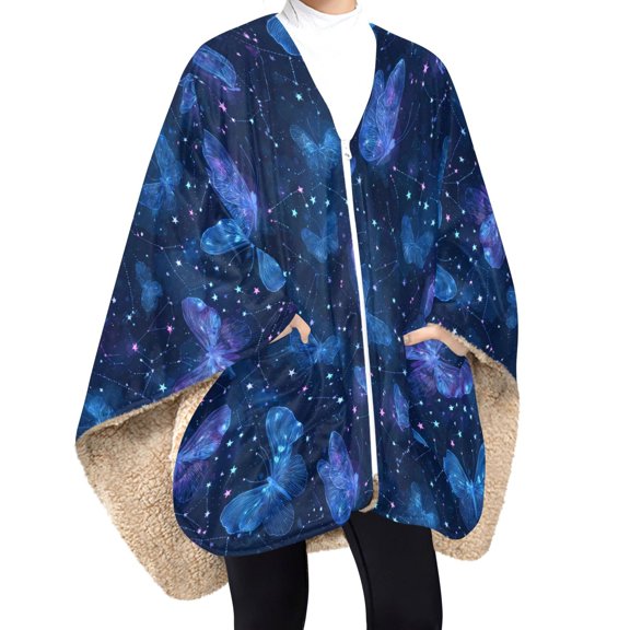 Wearable Blanket for Women Poncho Shawl with Zipper & Pockets Butterflies and Stars Pattern