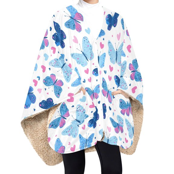 Wearable Blanket for Women Poncho Shawl with Zipper & Pockets Cute Butterflies and Hearts Pattern