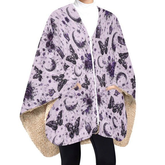 Wearable Blanket for Women Poncho Shawl with Zipper & Pockets Purple Butterfly and Moon Pattern
