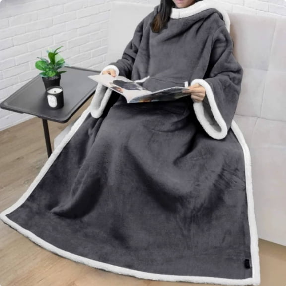 Wearable Blanket with Sleeves & Pocket for Women & Men, Soft Fleece Snuggle Throw with Sherpa Trim, Couch Robe