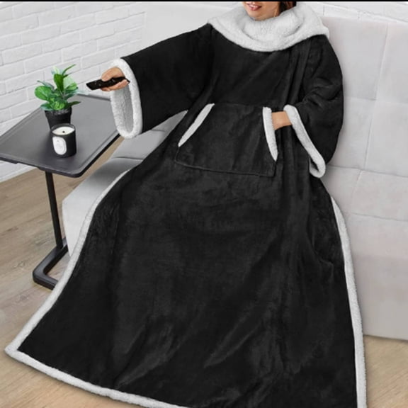 Wearable Blanket with Sleeves & Pocket for Women & Men, Soft Fleece Snuggle Throw with Sherpa Trim, Couch Robe