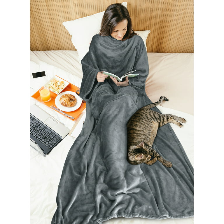 Wearable Blanket with Sleeves and Kangaroo Pocket for Adult Soft Warm Comfy  Throws Wrap Robe Blanket in Gray.