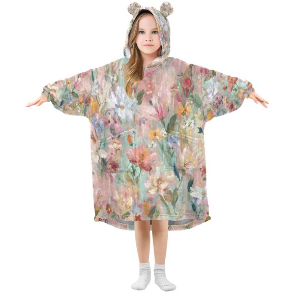 Wearable Blanket with Sleeves and Pocket Oversized Hooded Sweatshirt 3-14 YR Abstract Pink Floral Pattern S