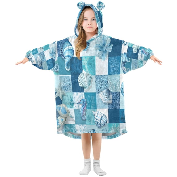 Wearable Blanket with Sleeves and Pocket Oversized Hooded Sweatshirt 3-14 YR Blue Marine Life Patterns S