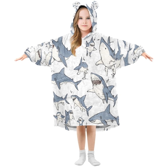 Wearable Blanket with Sleeves and Pocket Oversized Hooded Sweatshirt 3-14 YR Blue Shark with White Belly M