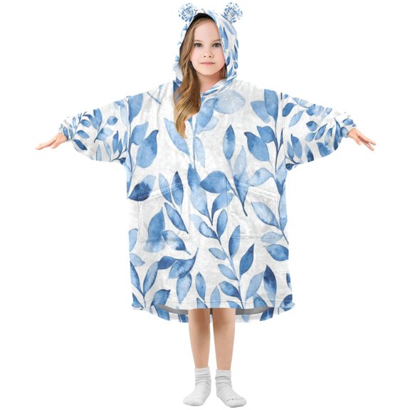 Wearable Blanket with Sleeves and Pocket Oversized Hooded Sweatshirt 3-14 YR Blue Watercolor Floral Leaves S
