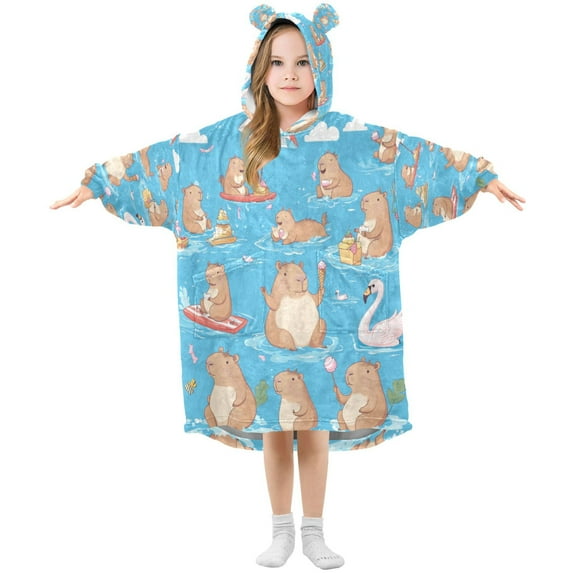 Wearable Blanket with Sleeves and Pocket Oversized Hooded Sweatshirt 3-14 YR Capybaras Pattern M