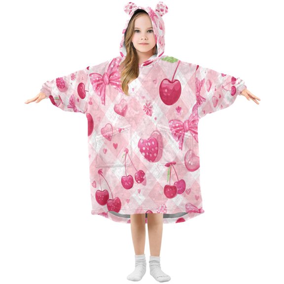 Wearable Blanket with Sleeves and Pocket Oversized Hooded Sweatshirt 3-14 YR Cherry and Pink Bow Pattern S