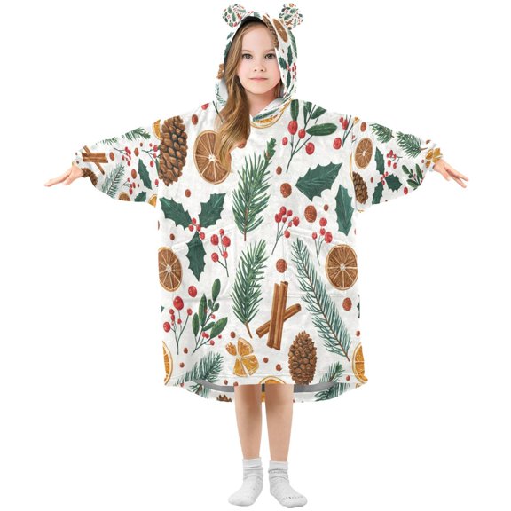 Wearable Blanket with Sleeves and Pocket Oversized Hooded Sweatshirt 3-14 YR Christmas Spices and Holly Leaves L