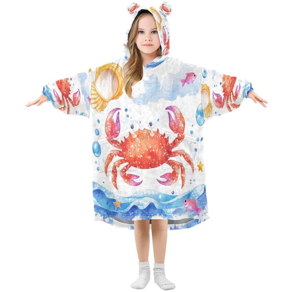 Wearable Blanket with Sleeves and Pocket Oversized Hooded Sweatshirt 3-14 YR Cute Cartoon Crab L