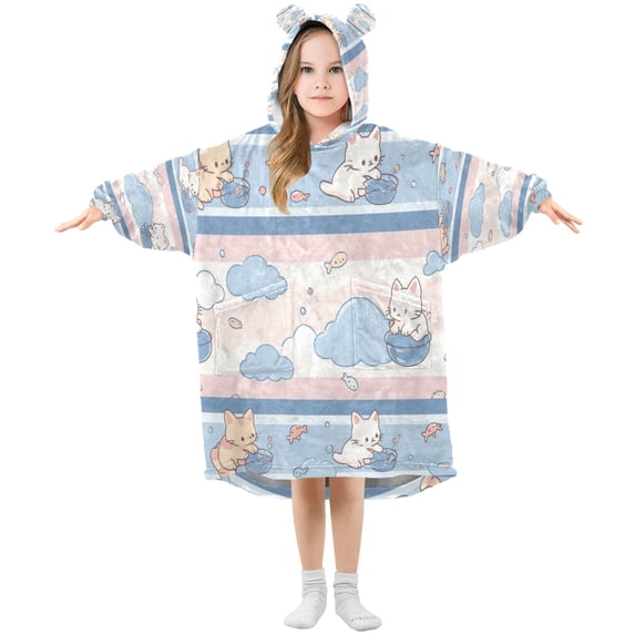 Wearable Blanket with Sleeves and Pocket Oversized Hooded Sweatshirt 3-14 YR Cute Cat Pattern S