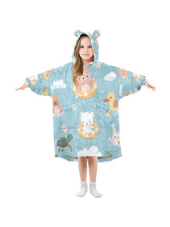 Wearable Blanket with Sleeves and Pocket Oversized Hooded Sweatshirt 3-14 YR Cute Summer Animals Pattern S