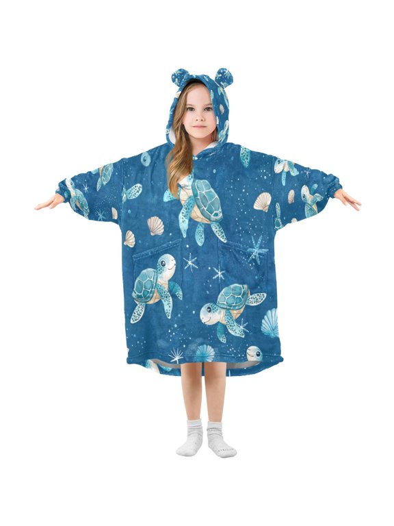 Wearable Blanket with Sleeves and Pocket Oversized Hooded Sweatshirt 3-14 YR Cute Turtles Pattern S