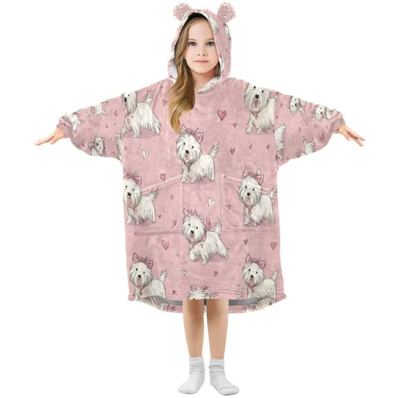 Wearable Blanket with Sleeves and Pocket Oversized Hooded Sweatshirt 3-14 YR Dogs Wearing Bows L
