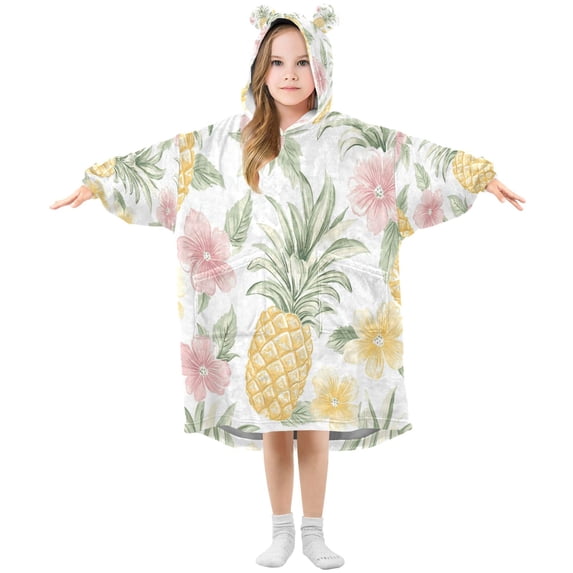 Wearable Blanket with Sleeves and Pocket Oversized Hooded Sweatshirt 3-14 YR Floral Pineapple Pattern M