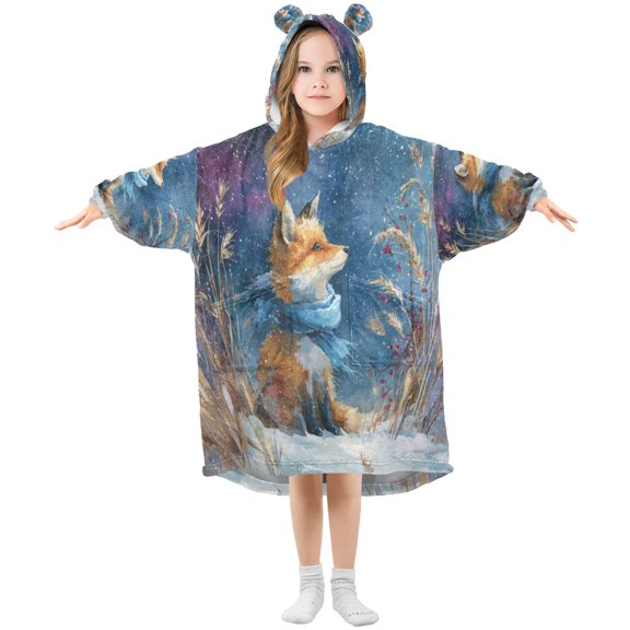 Wearable Blanket with Sleeves and Pocket Oversized Hooded Sweatshirt 3-14 YR Fox Wearing Blue Scarf S