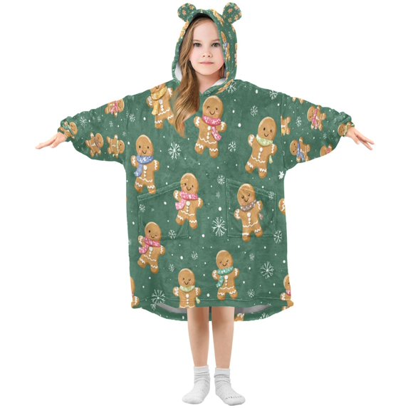 Wearable Blanket with Sleeves and Pocket Oversized Hooded Sweatshirt 3-14 YR Gingerbread Christmas Theme Pattern L