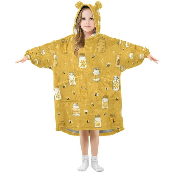 Wearable Blanket with Sleeves and Pocket Oversized Hooded Sweatshirt 3-14 YR Honey Jars and Bees Pattern M