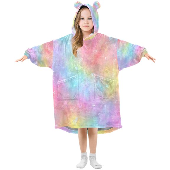 Wearable Blanket with Sleeves and Pocket Oversized Hooded Sweatshirt 3-14 YR Pastel Rainbow Tie-dye S