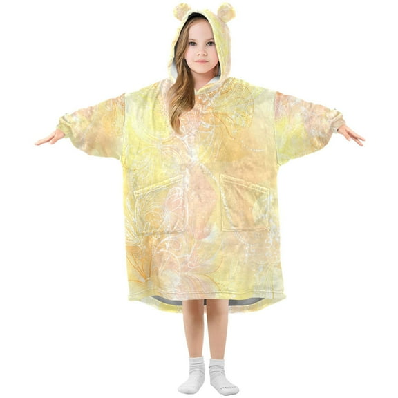 Wearable Blanket with Sleeves and Pocket Oversized Hooded Sweatshirt 3-14 YR Pastel Yellow Floral Elements S