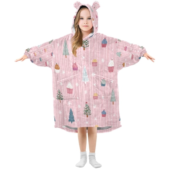 Wearable Blanket with Sleeves and Pocket Oversized Hooded Sweatshirt 3-14 YR Pink Christmas Pattern S