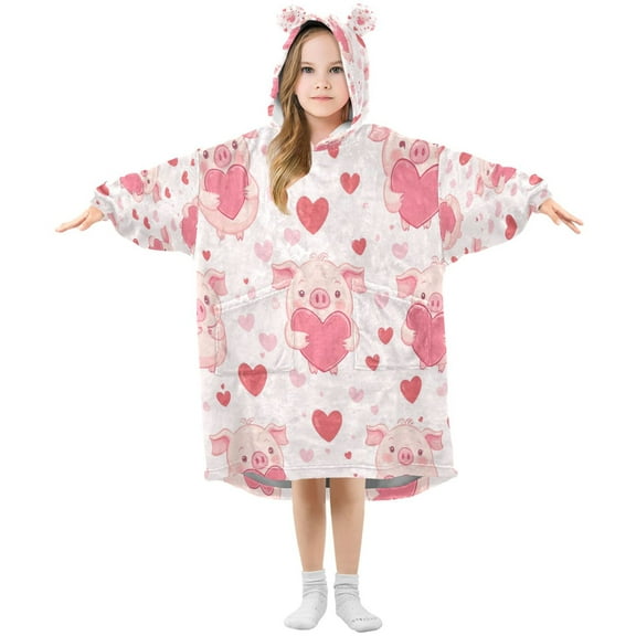Wearable Blanket with Sleeves and Pocket Oversized Hooded Sweatshirt 3-14 YR Pink Cute Pigs S
