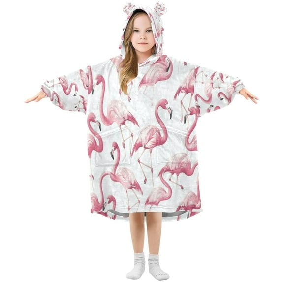 Wearable Blanket with Sleeves and Pocket Oversized Hooded Sweatshirt 3-14 YR Pink Flamingos Pattern S