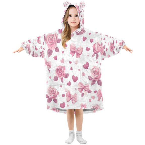 Wearable Blanket with Sleeves and Pocket Oversized Hooded Sweatshirt 3-14 YR Pink Roses and Bows S