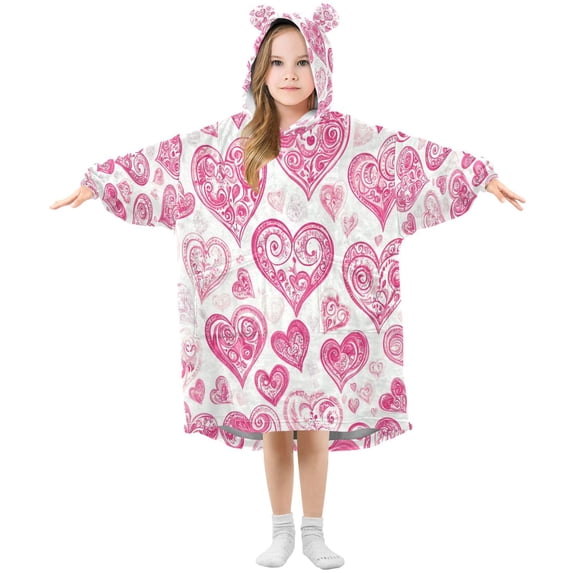 Wearable Blanket with Sleeves and Pocket Oversized Hooded Sweatshirt 3-14 YR Pink and Red Hearts Pattern L