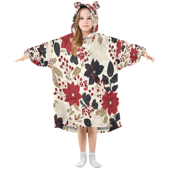Wearable Blanket with Sleeves and Pocket Oversized Hooded Sweatshirt 3-14 YR Red and Blacks Holly Leaves S