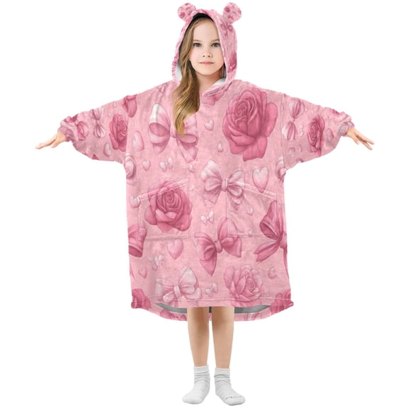 Wearable Blanket with Sleeves and Pocket Oversized Hooded Sweatshirt 3-14 YR Roses and Bows Pattern S