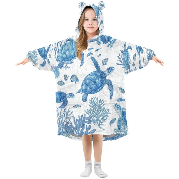 Wearable Blanket with Sleeves and Pocket Oversized Hooded Sweatshirt 3-14 YR Sea Turtles and Coral Reefs S