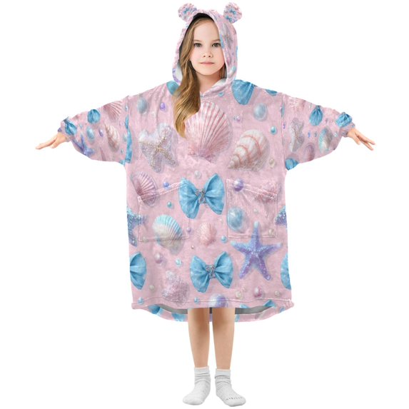 Wearable Blanket with Sleeves and Pocket Oversized Hooded Sweatshirt 3-14 YR Seashells and Bows L
