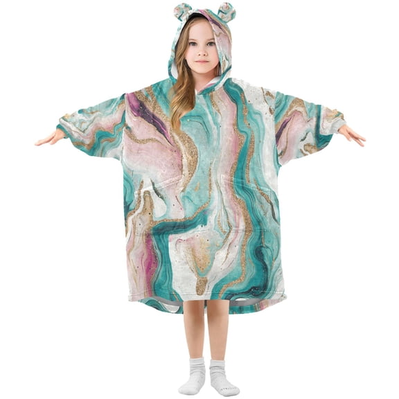 Wearable Blanket with Sleeves and Pocket Oversized Hooded Sweatshirt 3-14 YR Teal Swirling Marble Pattern S