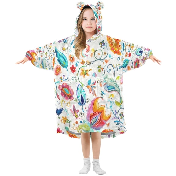 Wearable Blanket with Sleeves and Pocket Oversized Hooded Sweatshirt 3-14 YR Watercolor Colorful Floral S
