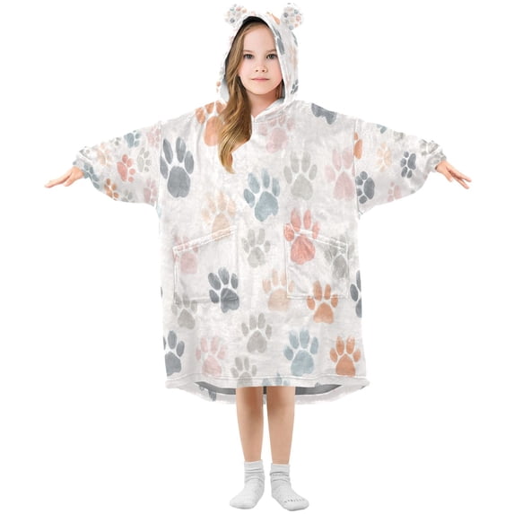 Wearable Blanket with Sleeves and Pocket Oversized Hooded Sweatshirt 3-14 YR Watercolor Dog Paw Prints S