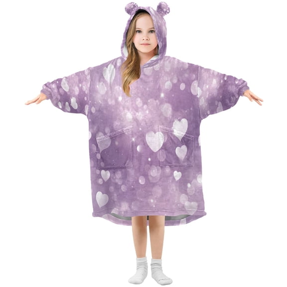 Wearable Blanket with Sleeves and Pocket Oversized Hooded Sweatshirt 3-14 YR White Hearts and Bokeh Lights S