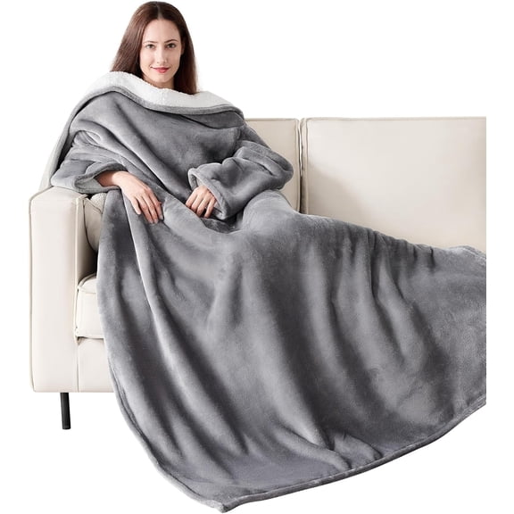 Wearable Blanket with Sleeves and Pockets, Cozy Warm TV Wrap Throw Blanket Robe, Grey